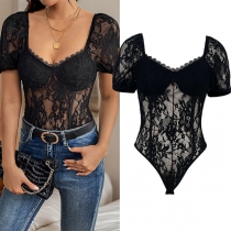 Fashion V-neck Short Sleeve Lace Bodysuit