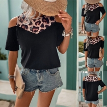 Fashion Leopard Print Round Neck Open Shoulder Short Sleeve Shirt