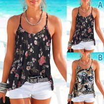 Bohemian Style Floral Printed Halter Neck Backless Shirt