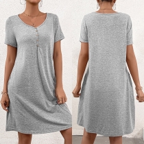 Casual Button Round Neck Short Sleeve Dress