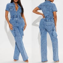 Fashion Front Button Stand Collar Short Sleeve Side Patch Pockets Old-washed Denim Jumpsuit