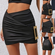 Street Fashion Ruched Side Buckle Irregular Hemline Artificial Leather PU Skirt