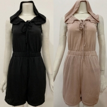 Casual Lace-up Sleeveless Hooded Romper