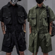 Street Chic Stand Collar Short Sleeve Patch Pockets Romper for Men