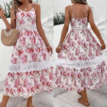 Sweet Style Floral Printed V-neck Sleeveless Lace Spliced Midi Dress