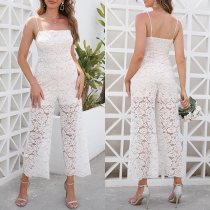 Fashion Square Neck Sleeveless Backless Straight-cut Lace Jumpsuit
