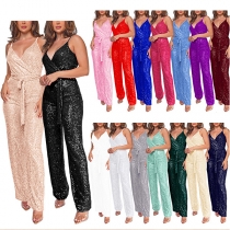 Fashion Bling-bling Sequined V-neck Self-tie Straight-cut Jumpsuit