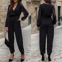 Fashion Gauze Spliced Long Sleeve V-neck Jumpsuit