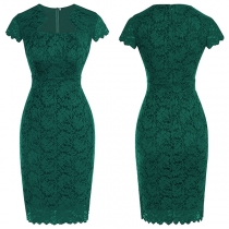 Elegant Square Neck Short Sleeve Jacquard Green Lace Bodycon Dress