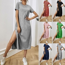 Casual Solid Color Round Neck Short Sleeve Side Slit Dress