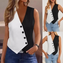 Fashion Contrast Color Button V-neck Sleeveless Vest