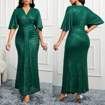 Elegant Bling-bling Sequined V-neck Short Sleeve Ruched Bodycon Party Dress