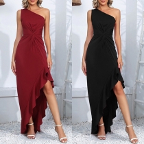 Sexy One-shoulder Sleeveless Irregular Hemline Ruffle Bodycon Dress