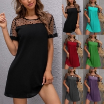 Casual Dot Printed Gauze Spliced Round Neck Short Sleeve Mini Dress