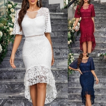 Elegant Round Neck Short Sleeve High-rise High-low Hemline Mesh-net Spliced Lace Dress