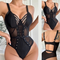 Sexy Hollow Out Lace-up Semi-through Gauze Spliced Lingerie Bodysuit