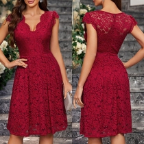 Elegant V-neck Cap Sleeve High-rise Red Lace Dress