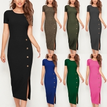 Fashion Solid Color Round Neck Short Sleeve Button Slit Bodycon Dress