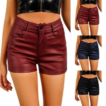 Fashion Solid Color Mid-rise Artificial Leather PU Shorts
