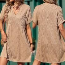 Fashion Jacquard V-neck Short Sleeve Patch Pockets Mini Dress
