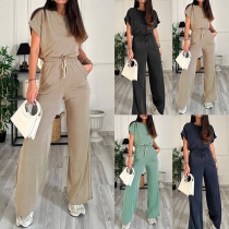 Casual Two-piece Set Consist of Round Neck Shirt and Drawstring Straight-cut Pants
