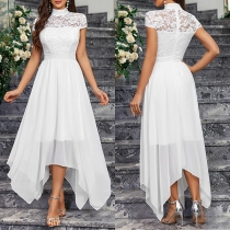 Elegant Mock Neck Cap Sleeve Lace Spliced Chiffon Irregular Hemline White Party Dress