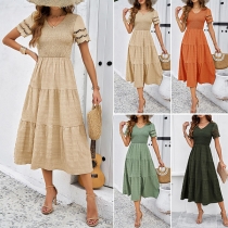 Fashion Solid Color V-neck Short Sleeve Smocked Bodice Tiered Dress