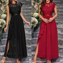 Elegant Round Neck Sleeveless Lace Spliced Chiffon Ruffle Slit Party Dress