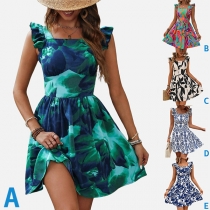 Vintage Floral Printed Mock Neck Sleeveless A-line Dress