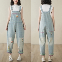 Casual Embroidered Old-washed Denim Jumpsuit