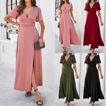 Fashion Solid Color V-neck High-rise Short Sleeve Slit Maxi Dress