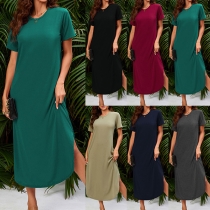 Casual Solid Color Round Neck Short Sleeve Side Slit Dress