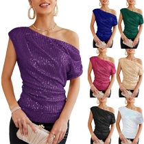 Fashion Sequined One-shoulder Short Sleeve Shirt
