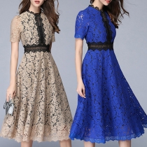 Elegant Jacquard Round Neck Short Sleeve High-rise Midi Lace Dress