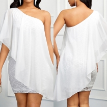 Fashion One-shoulder Lace Spliced Chiffon Ruffle Party Dress