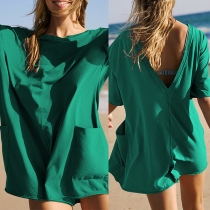Casual Round Neck Backless Short Sleeve Patch Pockets Loose Romper
