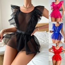 Sexy Semi-through Gauze Spliced Ruffle Lingerie Bodysuit
