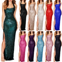 Elegant Sequined Halterneck Backless Slit Maxi Party Dress