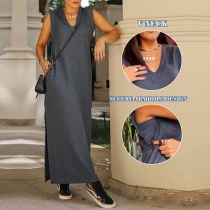 Casual Solid Color V-neck Side Slit  Dress