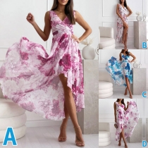 Fashion Floral Printed V-neck Sleeveless Irregular Hemline Dress