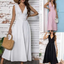 Elegant Solid Color V-neck Sleeveless High-rise Maxi Dress