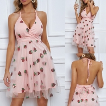 Sweet Style Sequin Strawberry Pattern Gauze Spliced Halter Neck Backless Mini Dress