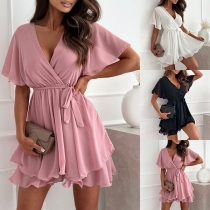 Fashion Solid Color V-neck Short Sleeve Self-tie Waist Chiffon Dress