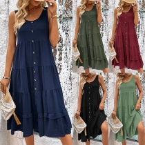 Casual Round Neck Sleeveless Front Button Tiered Dress