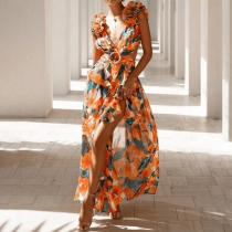 Elegant Floral Printed V-neck Side Cutout Self-tie Back Pleated Maxi Dress