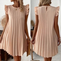 Fashion Round Neck Ruffle Sleeveless Pleated Mini Dress