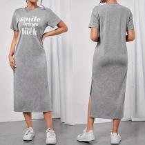 Casual Letter Printed Round Neck Short Sleeve Side Slit Gray Dress