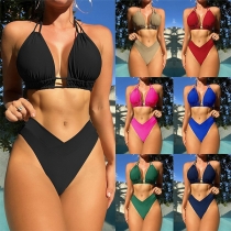 Fashion Solid Color Halterneck Two-piece Bikini Set