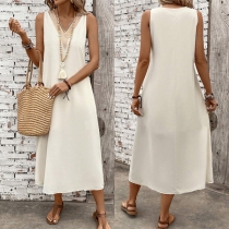 Casual Lace Spliced V-neck Sleeveless Midi Dress