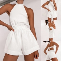 Fashion Halterneck Backless Elastic Waist Romper